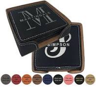 Personalized Leatherette Name Coaster - Set of 6 with holder. 